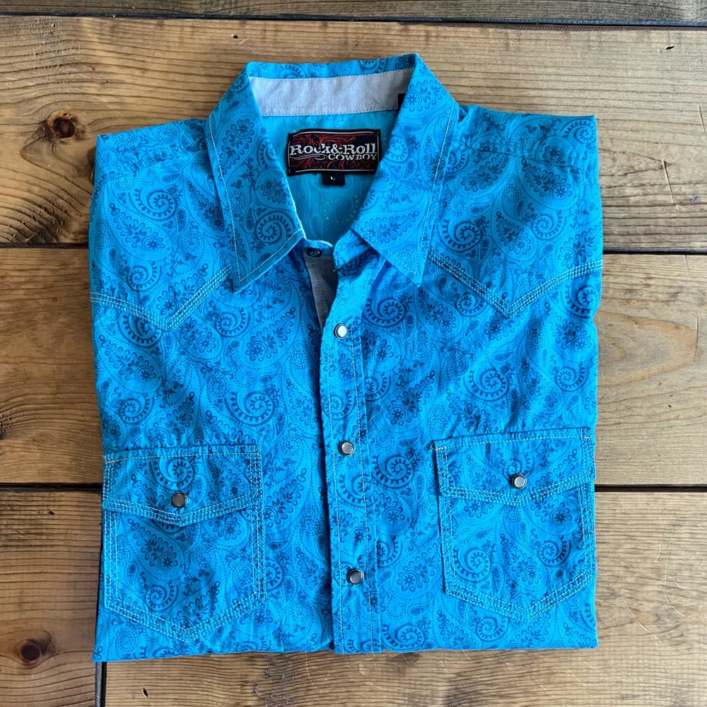 Rock & Roll Denim - teal paisley pearl snap shirt